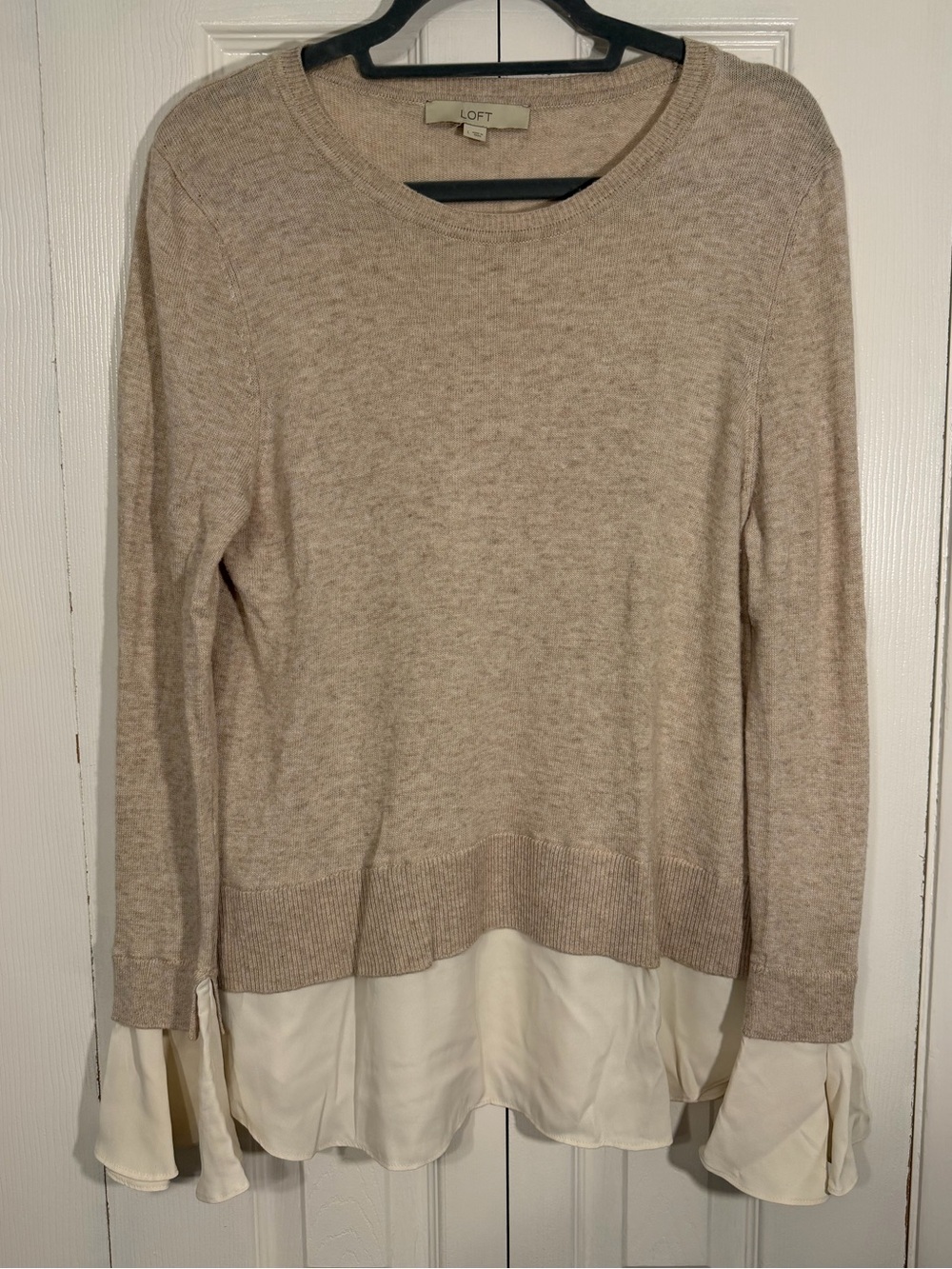 LOFT Beige Knit Crewneck Sweater with Cream Layered Hem Large